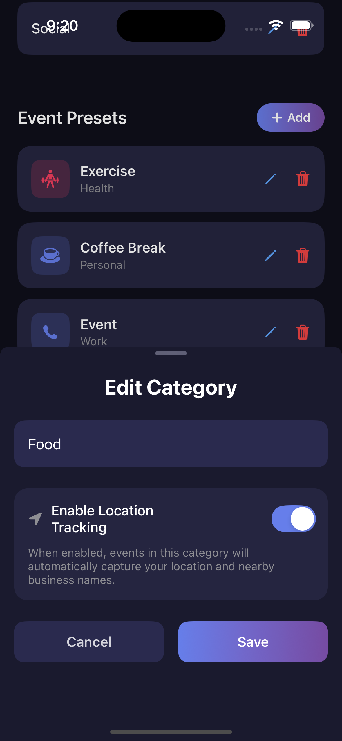 Manage categories screen