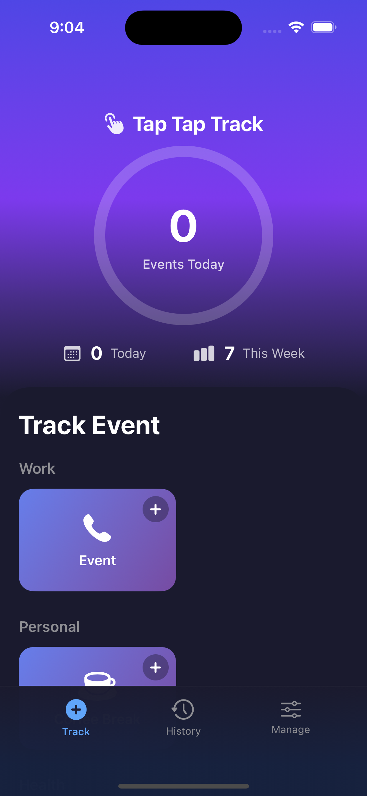 Tap Tap Track main screen